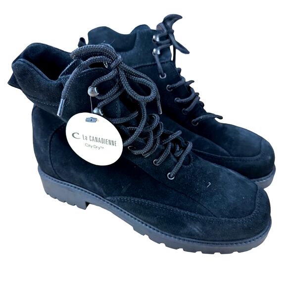 La Canadienne NWT Lucky Suede Leather Black Boot Lace Up Size 6.5 Lug Sole - Picture 1 of 6